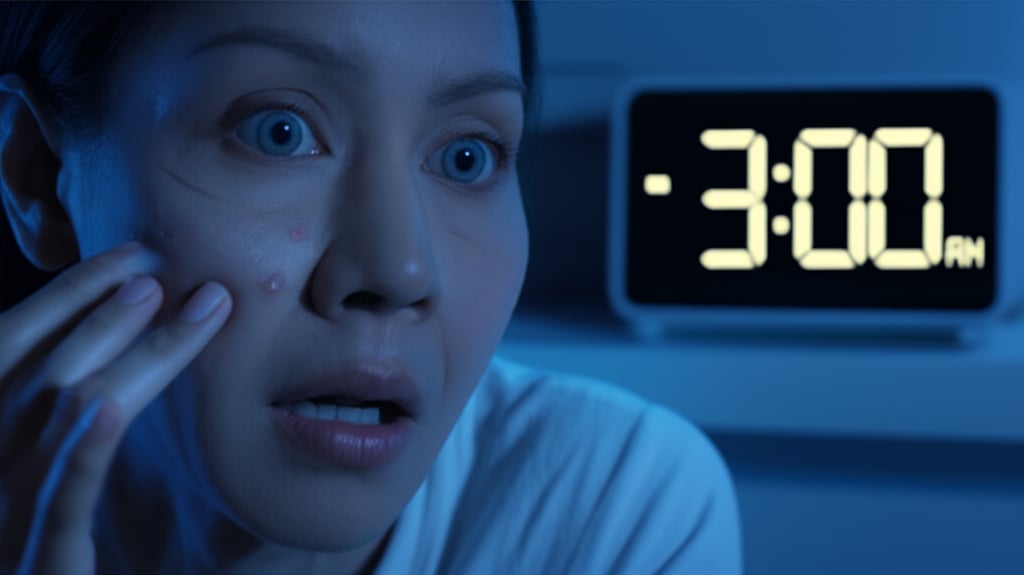 Startled face in a dimly lit bedroom discovers a new blemish at 3 AM by a glowing digital clock.