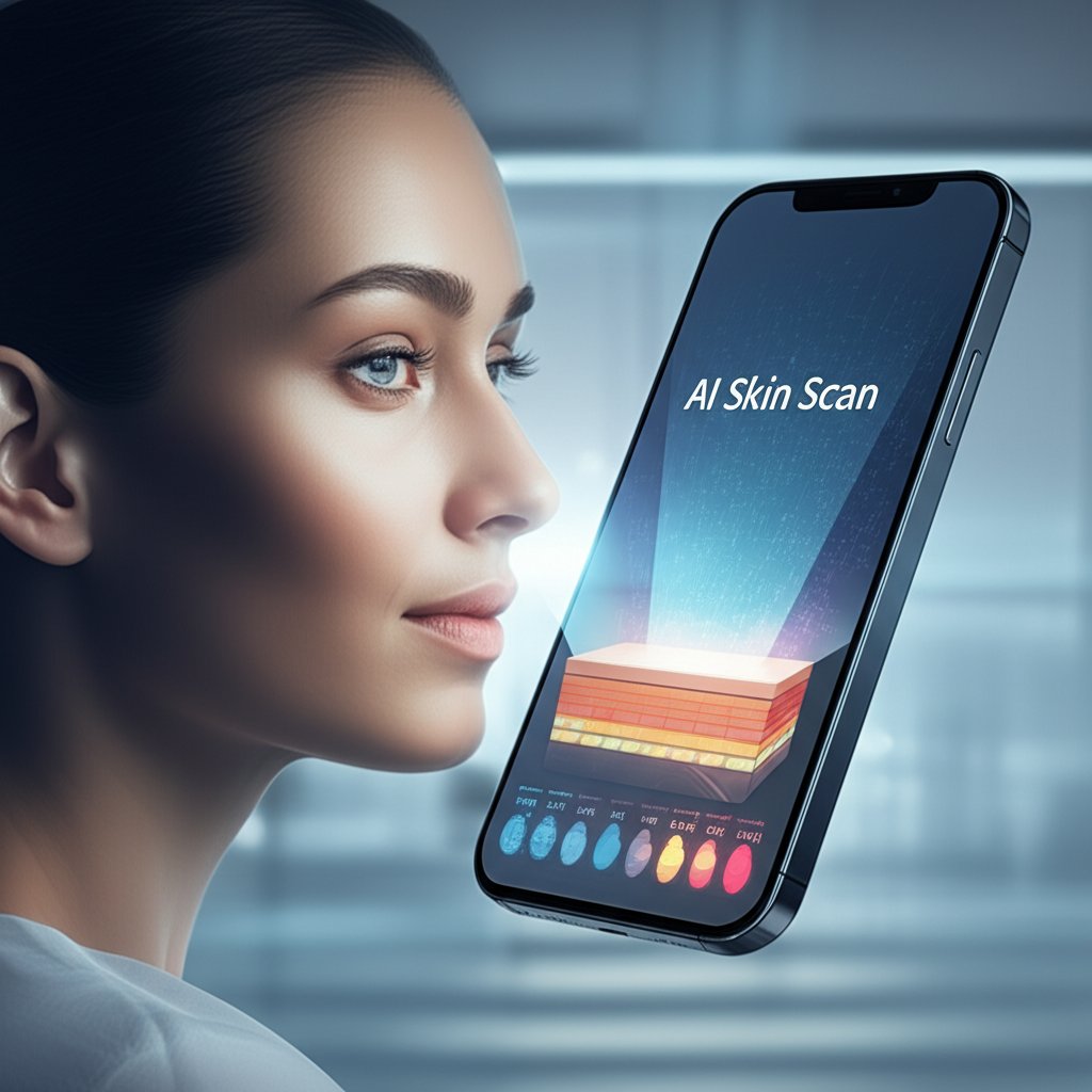 An illustrative image about: A futuristic, bright, and clean image of a woman's face being subtly scanned by a soft, glowing ligh