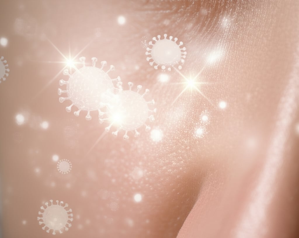 Macro shot of glowing skin with white blood cells emitting protective light against neutralized microbes.