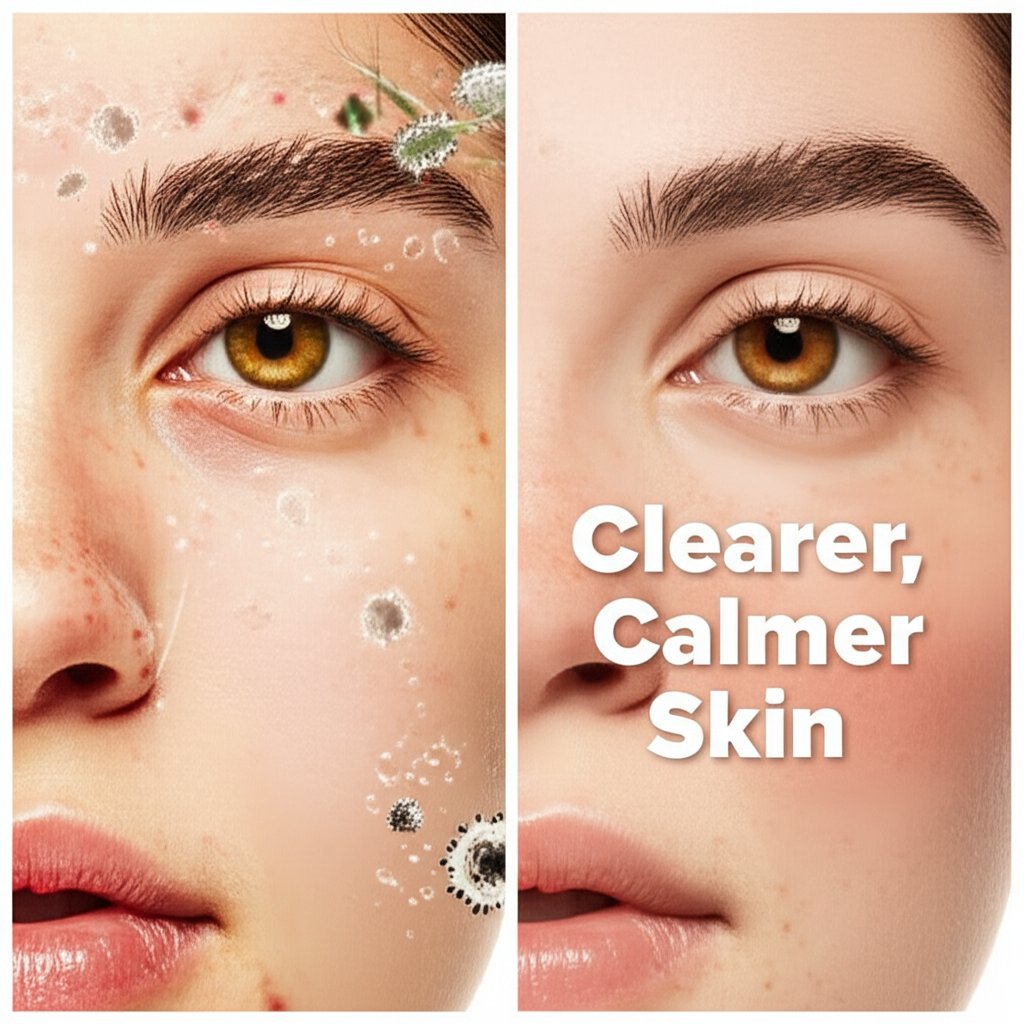 An illustrative image about: A dynamic split-screen showing a woman's face before and after using niacinamide, with visual repres