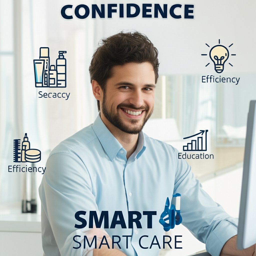 A confident, well-groomed man smiling brightly in a bright, modern setting, radiating self-assurance. Around him, subtle visual metaphors represent benefits: a simplified, organized array of grooming products (efficiency), a glowing lightbulb (education), and a chart showing upward progression. The image prominently features 'CONFIDENCE' and 'SMART CARE' in bold fonts, conveying overall well-being.