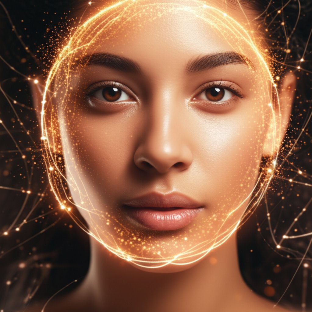 An illustrative image about: A radiant, close-up shot of a diverse woman's face, her skin glowing with health and clarity. Abstra