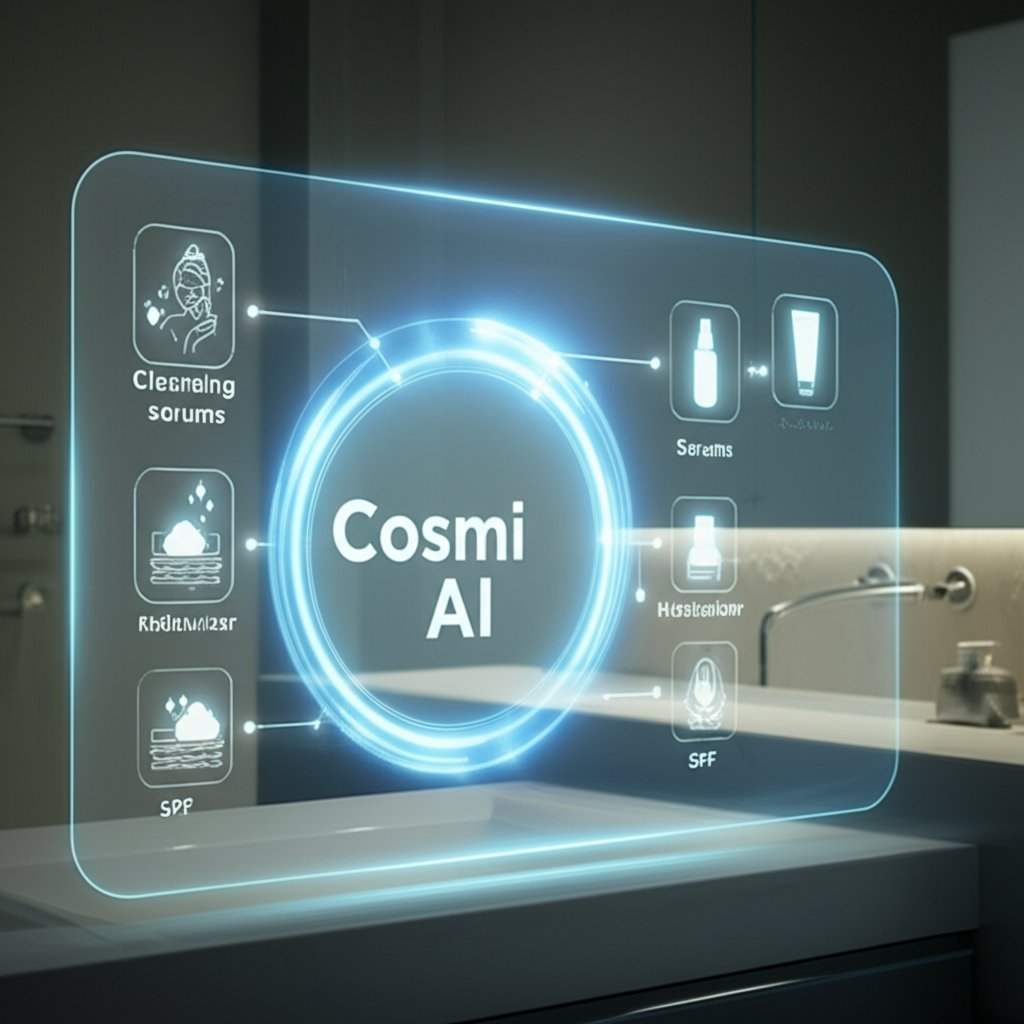 An illustrative image about: A high-tech, glowing holographic interface in a modern, clean bathroom setting. On the interface, a