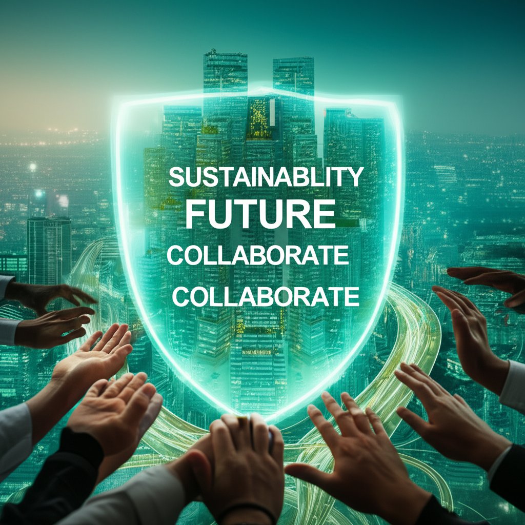 A vibrant, green, futuristic cityscape. Buildings are adorned with vertical gardens and green rooftops. Clean, sparkling air is visible as a soft, ethereal light permeating the environment. Smart traffic systems with glowing signals optimize flow. Diverse hands, representing governments, researchers, industry, and citizens, come together to form a protective, collaborative 'shield' over the thriving city. A faint AI brain symbol is integrated into the city's smart infrastructure. Text overlay in large, bold fonts: SUSTAINABILITY, FUTURE, COLLABORATE.