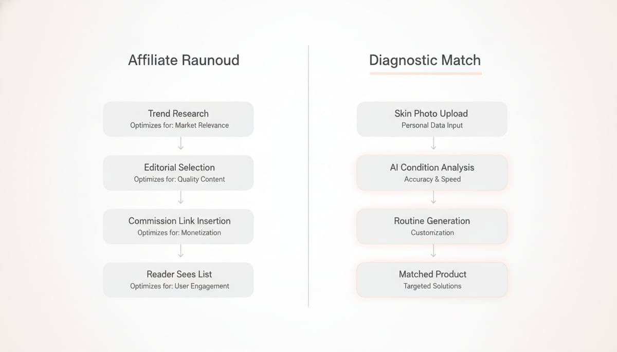 Editorial split-screen infographic comparing the Affiliate Roundup pipeline (Tre
