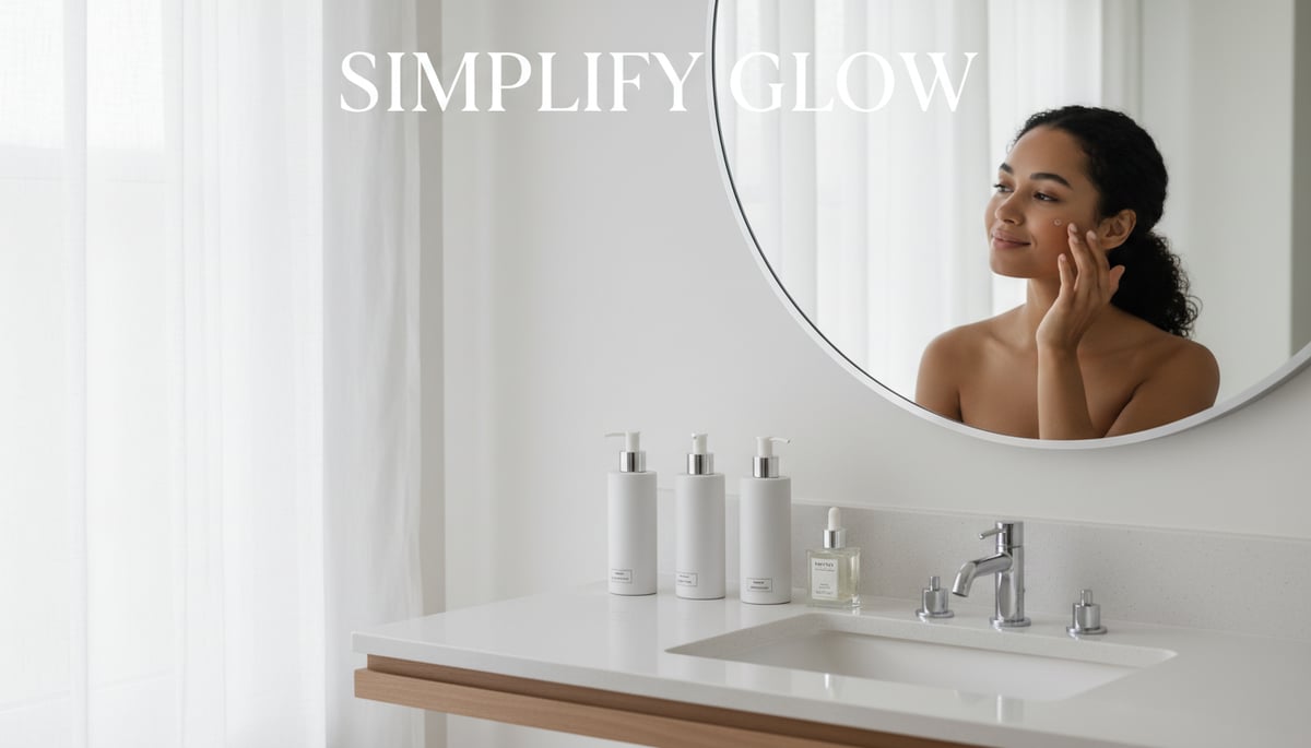 A brightly lit, minimalist bathroom vanity featuring a curated selection of just three to four sleek, modern skincare bottles, reflecting a simplified routine. A diverse model with impeccably clear, glowing skin, looks calmly into a mirror, gently dabbing a serum onto her face with a sense of serene confidence. Soft, diffused daylight streams in, creating a fresh, clean ambiance. Large, elegant white text is subtly integrated into the upper part of the image, reading: "SIMPLIFY GLOW".