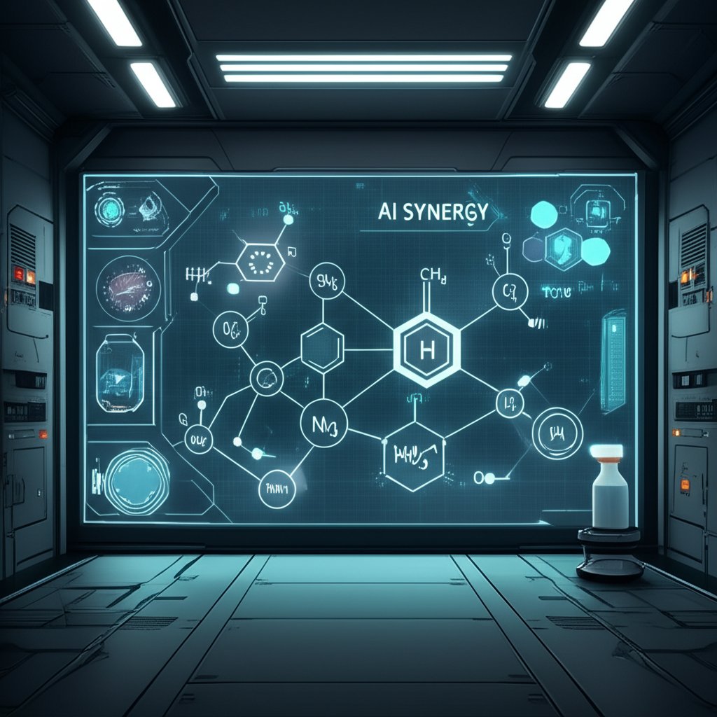 An illustrative image about: A futuristic, clean laboratory scene. A high-tech AI interface projects glowing holographic molecula