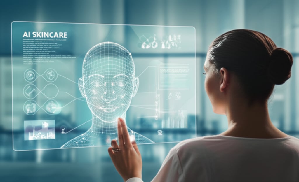 An illustrative image about: A serene woman looking at a translucent, glowing holographic screen displaying a personalized skinca
