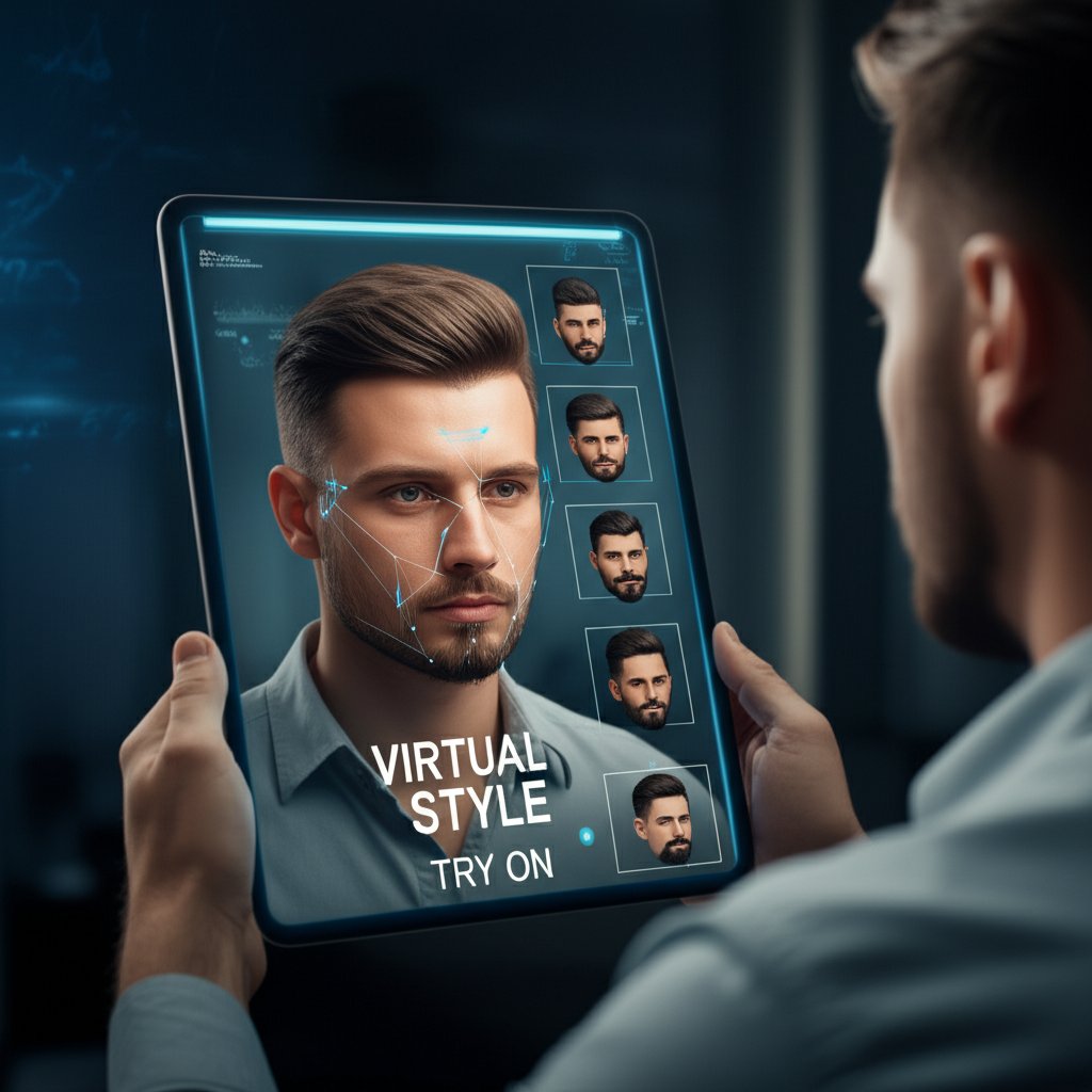 A stylish man looks into a futuristic smart mirror or tablet, seeing various realistic hairstyles and beard styles seamlessly superimposed onto his reflection. The interface displays 'VIRTUAL STYLE' and 'TRY ON' in large, modern fonts, with subtle augmented reality lines indicating facial recognition. The overall scene is sleek and high-tech, emphasizing effortless grooming experimentation.