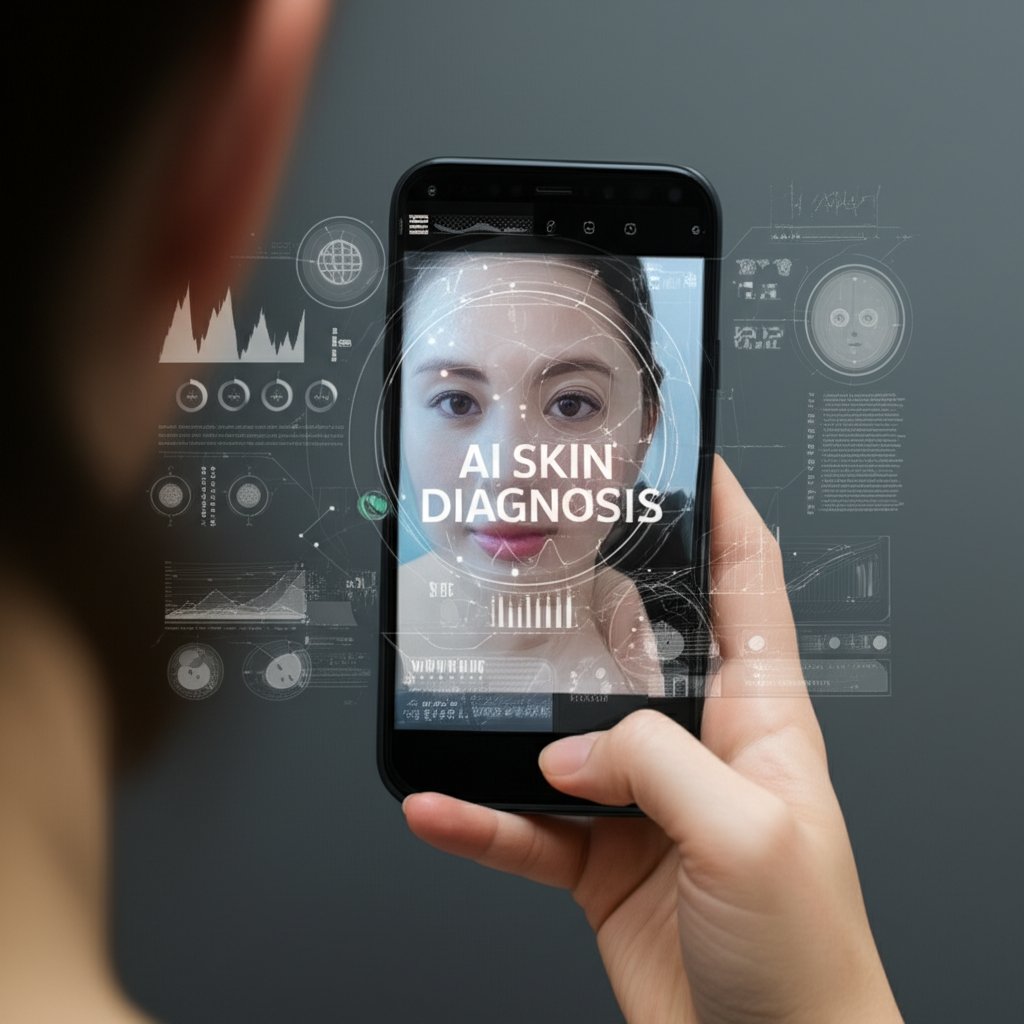 A close-up of a person taking a selfie with a smartphone. The phone screen displays an augmented reality overlay of intricate skin analysis, showing different facial zones with data points and graphs, emphasizing diagnostic accuracy. Text overlay on image: "AI SKIN DIAGNOSIS".