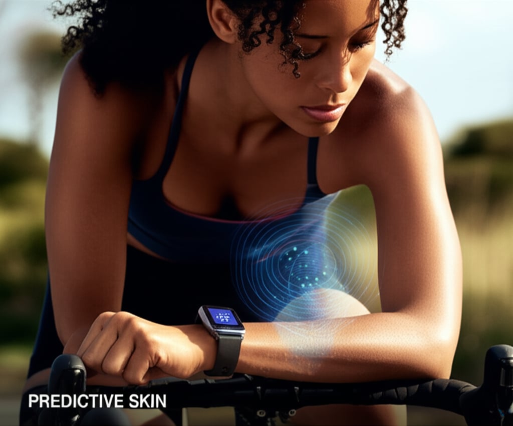 An athlete wearing a smartwatch with digital lines representing biometric data analysis.