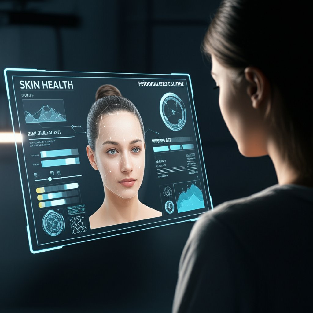 An illustrative image about: A futuristic, sleek AI interface displayed on a holographic screen, showcasing a detailed 3D skin an