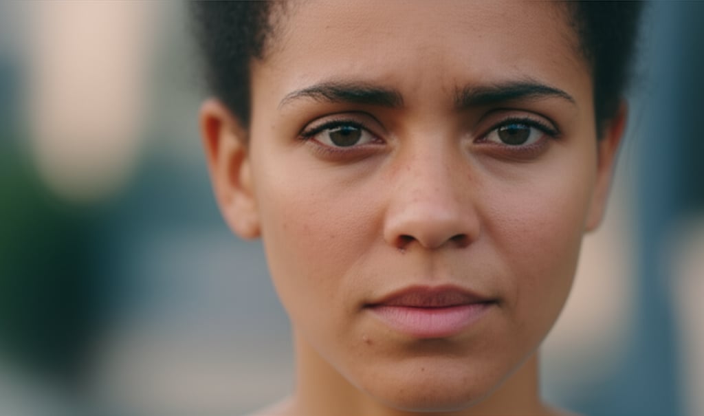 An illustrative image about: A cinematic close-up of a diverse woman's face, showing subtle yet discernible signs of reactive ski