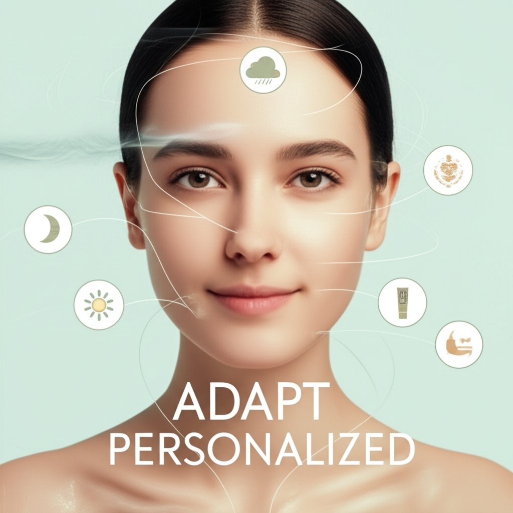 A visual representation of a skincare routine adapting to a person's life. A soft, clean illustration showing a person's face (natural, not overly stylized) with gentle, flowing lines or icons around it representing changing environmental factors (e.g., a sun icon for UV, a small cloud for humidity, subtle grey wisps for pollution) and internal states (e.g., a relaxed face turning slightly thoughtful for stress, a small moon for sleep). From these, various skincare product icons or natural ingredient elements are intelligently connecting to the skin, showing personalized, real-time adaptation. The overall aesthetic is calm, intelligent, and natural. Text on image: "ADAPT", "PERSONALIZED" in large, clear fonts.