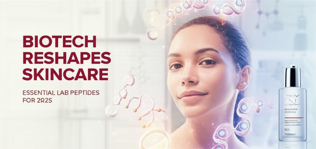 A radiant model, skincare bottle, and glowing peptides highlight 'Biotech Reshapes Skincare' in a modern lab setting.