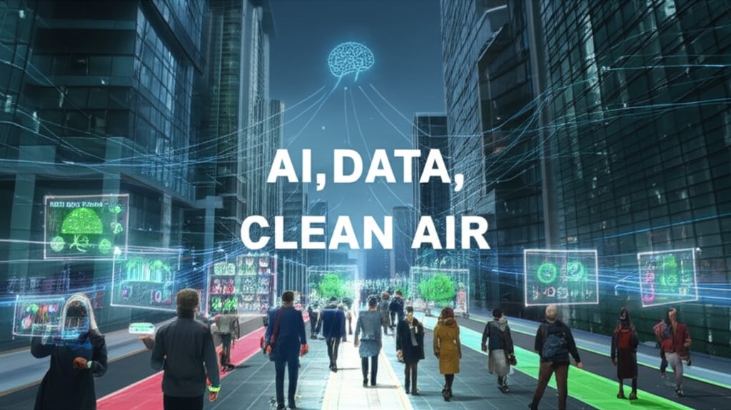 A dynamic, futuristic urban street scene. Augmented reality overlays on transparent digital screens and hovering interfaces show real-time, hyper-local air quality data, color-coded green for clean and red for polluted. A diverse group of people, some with glowing wearable sensors on their wrists, navigate paths highlighted for optimal air quality. Abstract data streams flow through the city, converging into a subtle AI brain symbol in the sky. Text overlay in large, bold fonts: AI, DATA, CLEAN AIR.