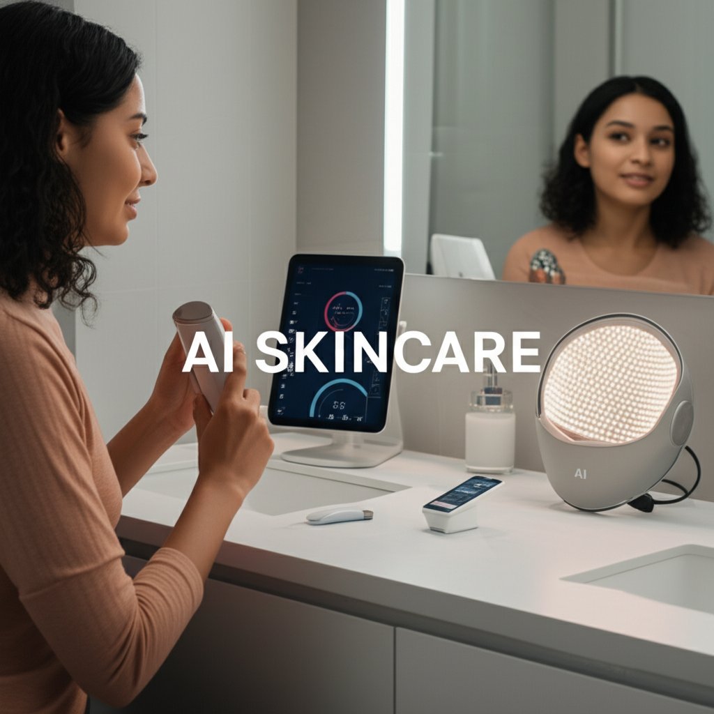 A collection of AI skincare devices on a modern bathroom counter