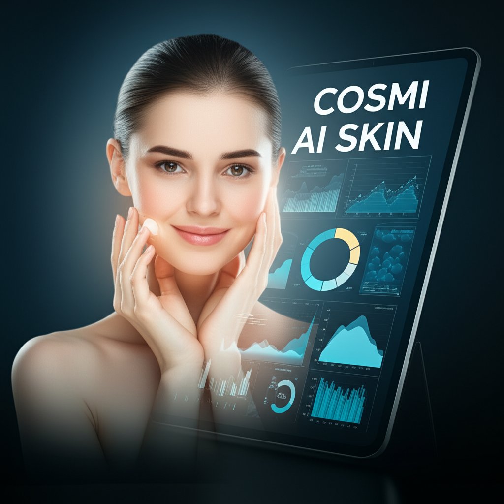 An illustrative image about: A sophisticated, futuristic AI interface on a tablet or screen, displaying personalized skincare dat