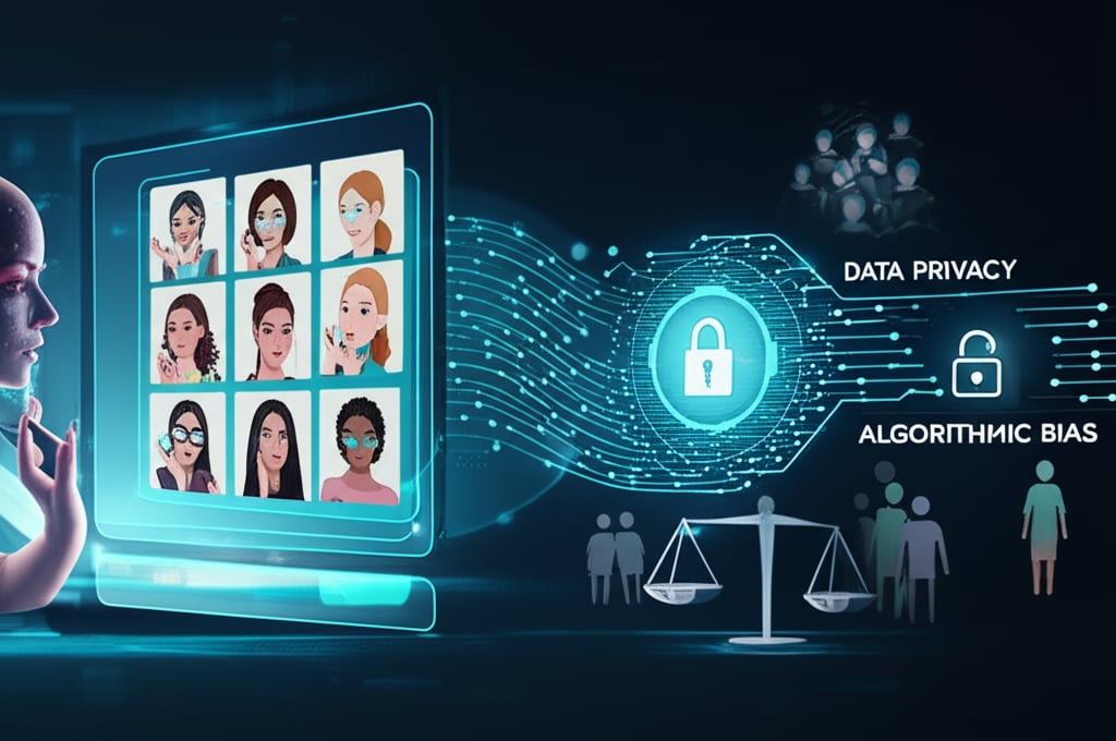 An illustrative image about: A conceptual, modern illustration depicting the dual nature of AI in beauty. On one side, a clean, f