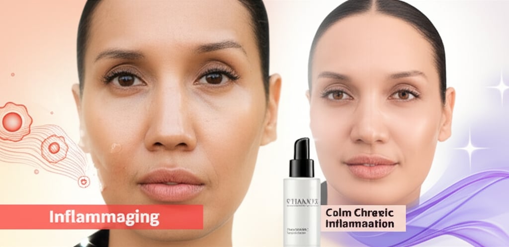 A split-screen image contrasts skin concerns like Inflammaging on the left with radiant, healthy skin and a product solution on the right.