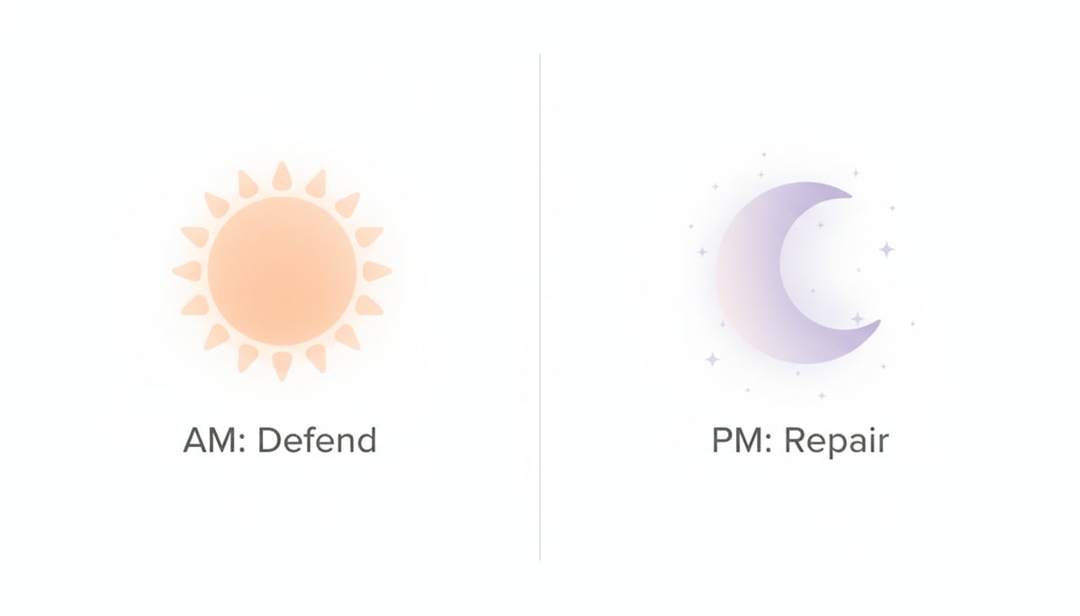 Side-by-side comparison showing AM: Defend with a peach sun graphic on the left and PM: Repair with a lavender moon graphic on the right
