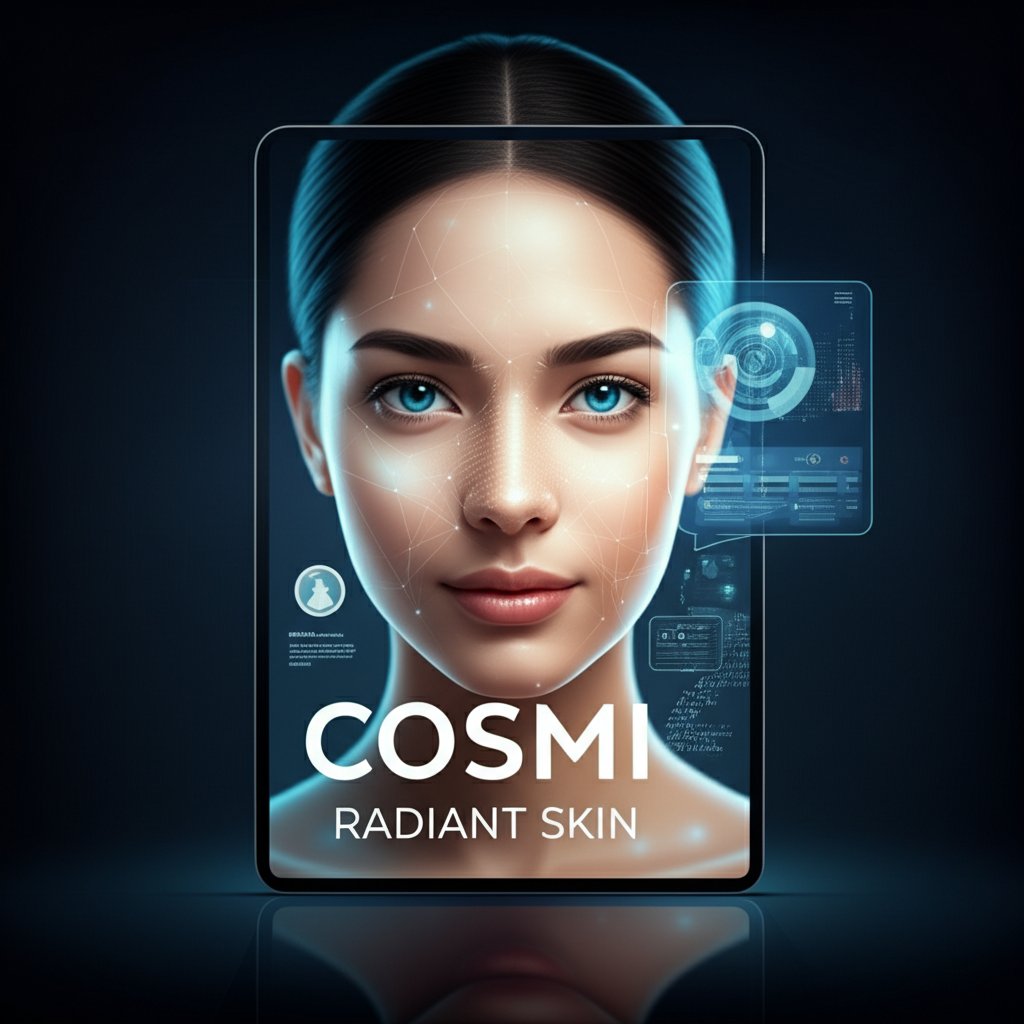 An illustrative image about: A vibrant, futuristic close-up shot of a user's glowing, healthy face reflected in a sleek, minimali