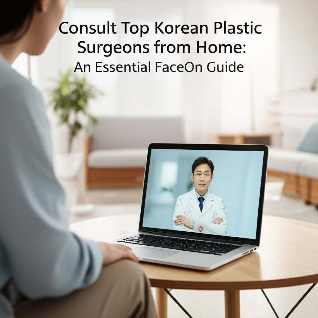 A young adult consults a Korean plastic surgeon on a laptop in a modern living room, with a FaceOn Guide title overlay.