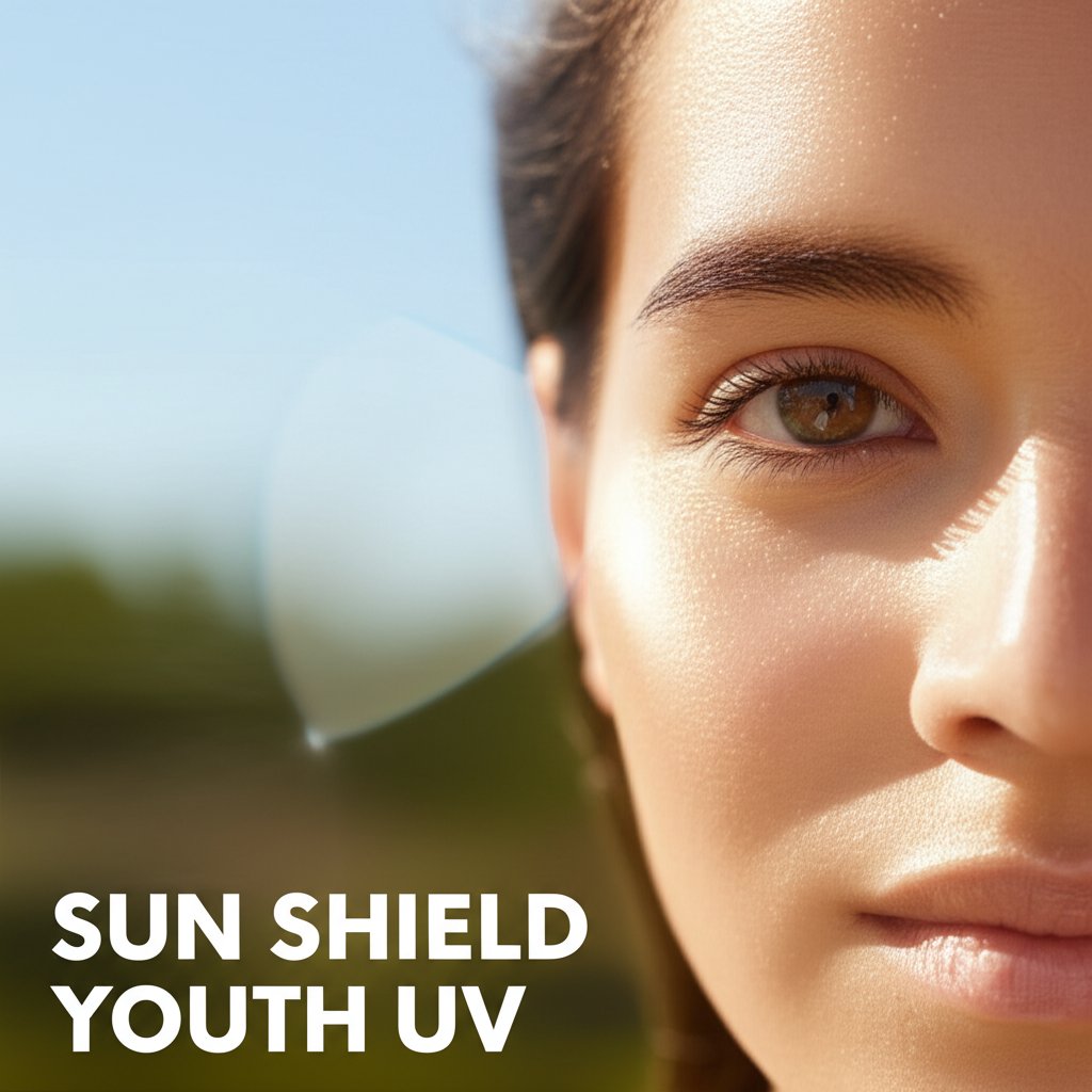 An outdoor scene with bright but gentle sunlight, focusing on a person's face. An almost invisible, shimmering protective shield surrounds the skin, subtly deflecting sun rays. The skin appears incredibly clear, youthful, and luminous, emphasizing anti-aging. Text overlay in large, bold, impactful fonts: 'SUN SHIELD YOUTH UV'.