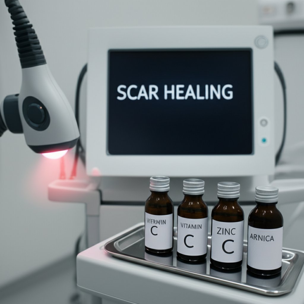 An illustrative image about: A futuristic, clean medical environment. Close-up shot of a sophisticated laser device emitting a ge
