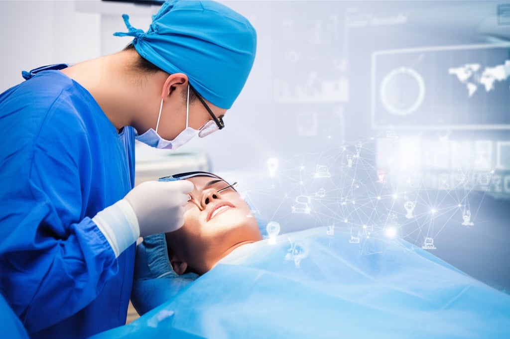 A Korean plastic surgeon precisely performs a facial procedure in a futuristic Seoul OR with global map connections and cost data.