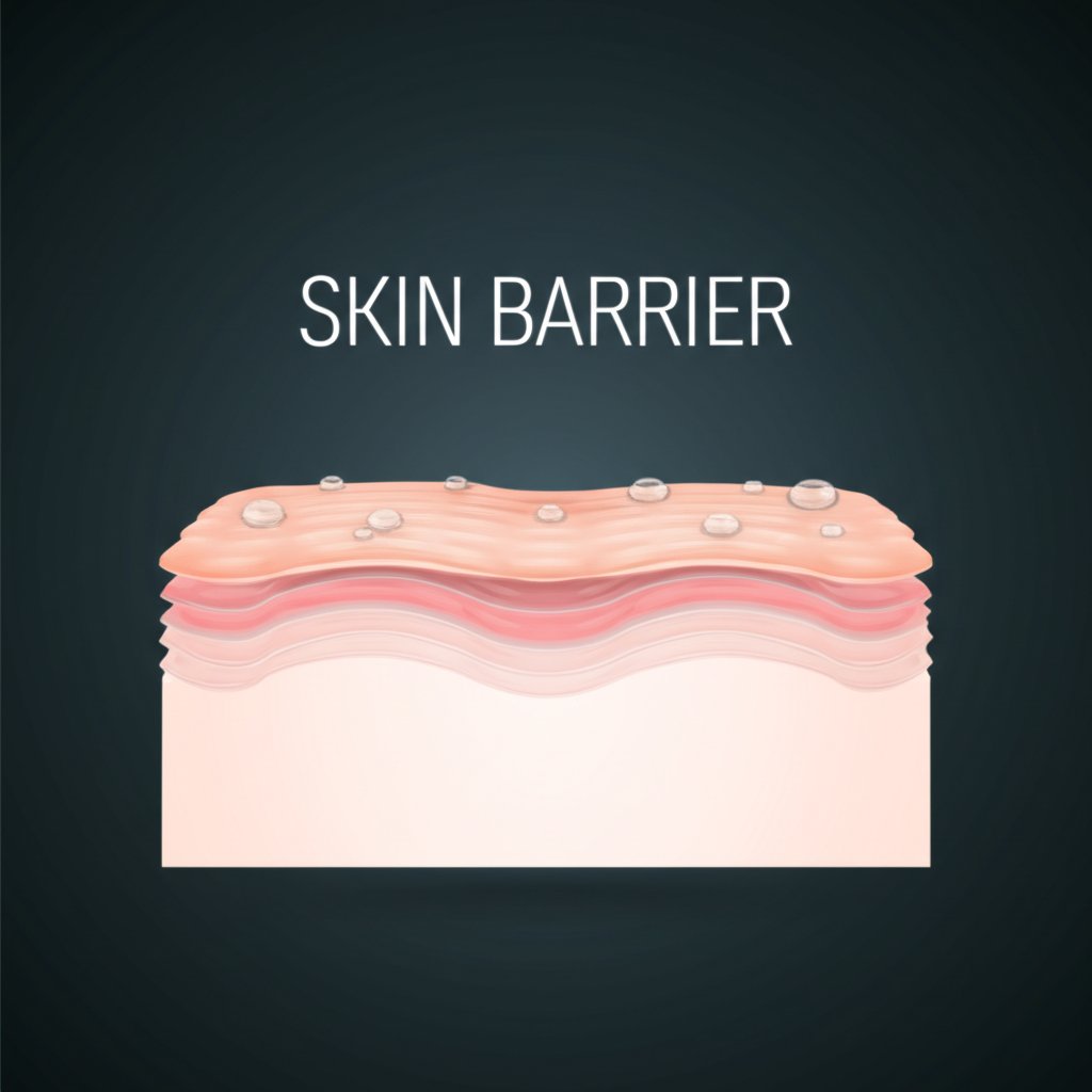 A visual metaphor depicting the skin barrier as a robust, protective shield made of healthy skin layers, with tiny water droplets gently resting on its surface, indicating moisture retention. A serene, healthy-looking skin texture is visible underneath the shield. No futuristic elements, focus on natural, resilient skin. Text overlay: "SKIN BARRIER"