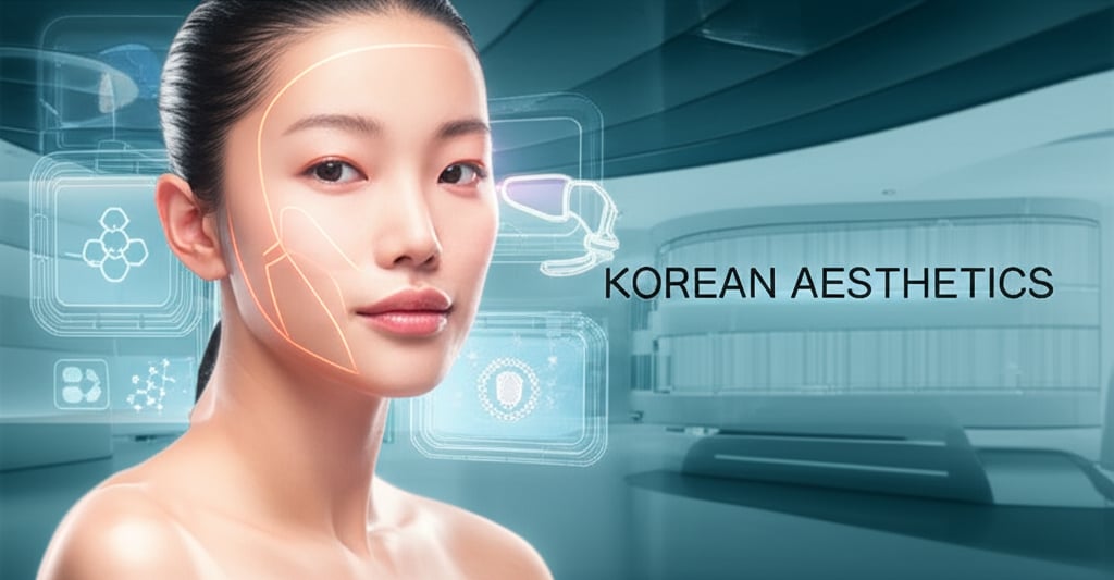 An illustrative image about: A vibrant, futuristic image showcasing a serene Korean woman with radiant, 'glass skin', embodying n