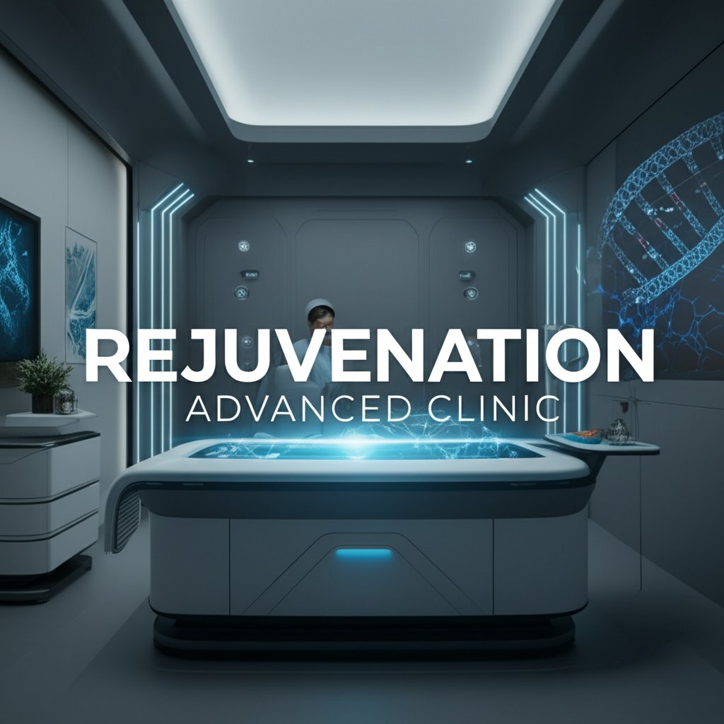 A sleek, futuristic clinic setting with a focus on advanced K-Beauty technology. Abstract glowing motifs representing DNA strands and cellular regeneration are subtly integrated. A sense of precision and scientific innovation with a touch of botanical elegance. Text overlay in large, modern, clean fonts: 'REJUVENATION ADVANCED CLINIC'.