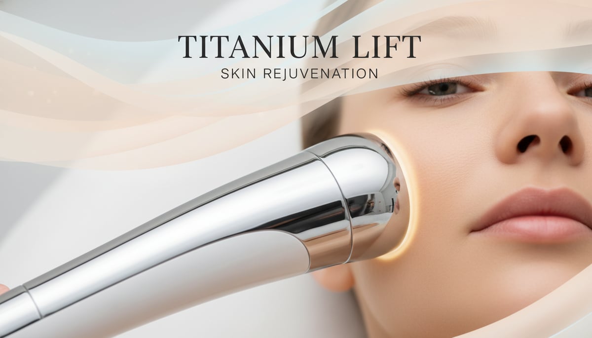 A close-up shot of an advanced, sleek, silver and white aesthetic device, emitting a soft, warm light, gently touching a person's elegant cheek. The skin appears smooth and healthy. In the background, subtle, abstract layers illustrate the concept of multi-layered skin rejuvenation. The overall scene is clean, modern, and professional. Text overlay: 'TITANIUM LIFT' and 'SKIN REJUVENATION' in a sophisticated sans-serif font.