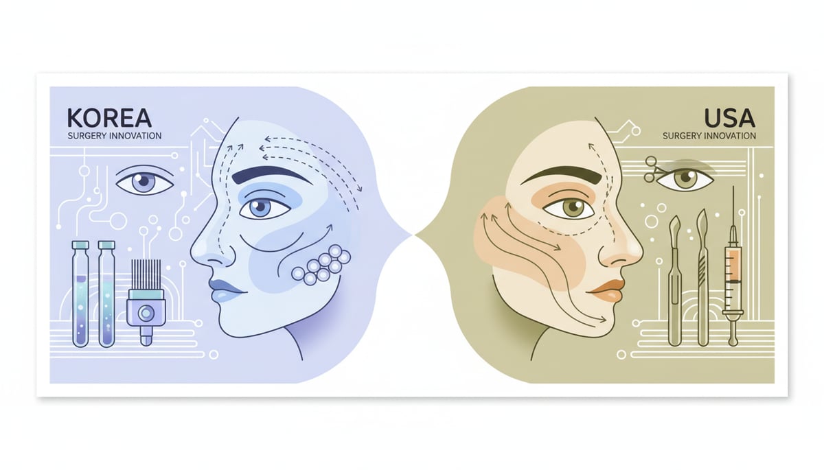 A detailed, illustrative comparison of two distinct surgical philosophies. On the left, representing 'Korea', show a subtle graphic of a face with lines indicating upward thread lifts and augmentation, a nose shape being built up, and an eye with a newly created double eyelid crease. Nearby, illustrations of innovative cosmetic products like vials or advanced microneedling devices, emphasizing a dynamic and experimental approach. On the right, representing 'USA', show a graphic of a face with lines indicating a deep plane lift without visible threads, a nose shape being refined by reduction of a hump, and an eye with excess skin being removed to open it up, emphasizing established and structural approaches. The overall aesthetic is clean, medical, and professional, using soft, contrasting colors to delineate the two regions. No futuristic elements. Keywords: SURGERY, INNOVATION.