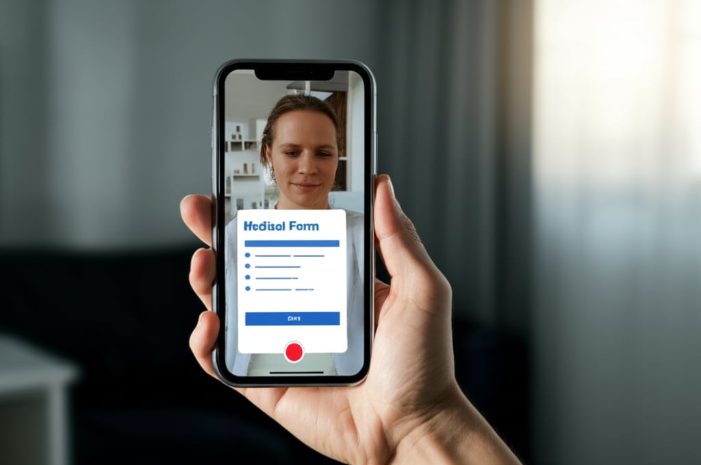 An illustrative image about: A clean, modern photographic image capturing an individual at home, holding a smartphone or tablet t