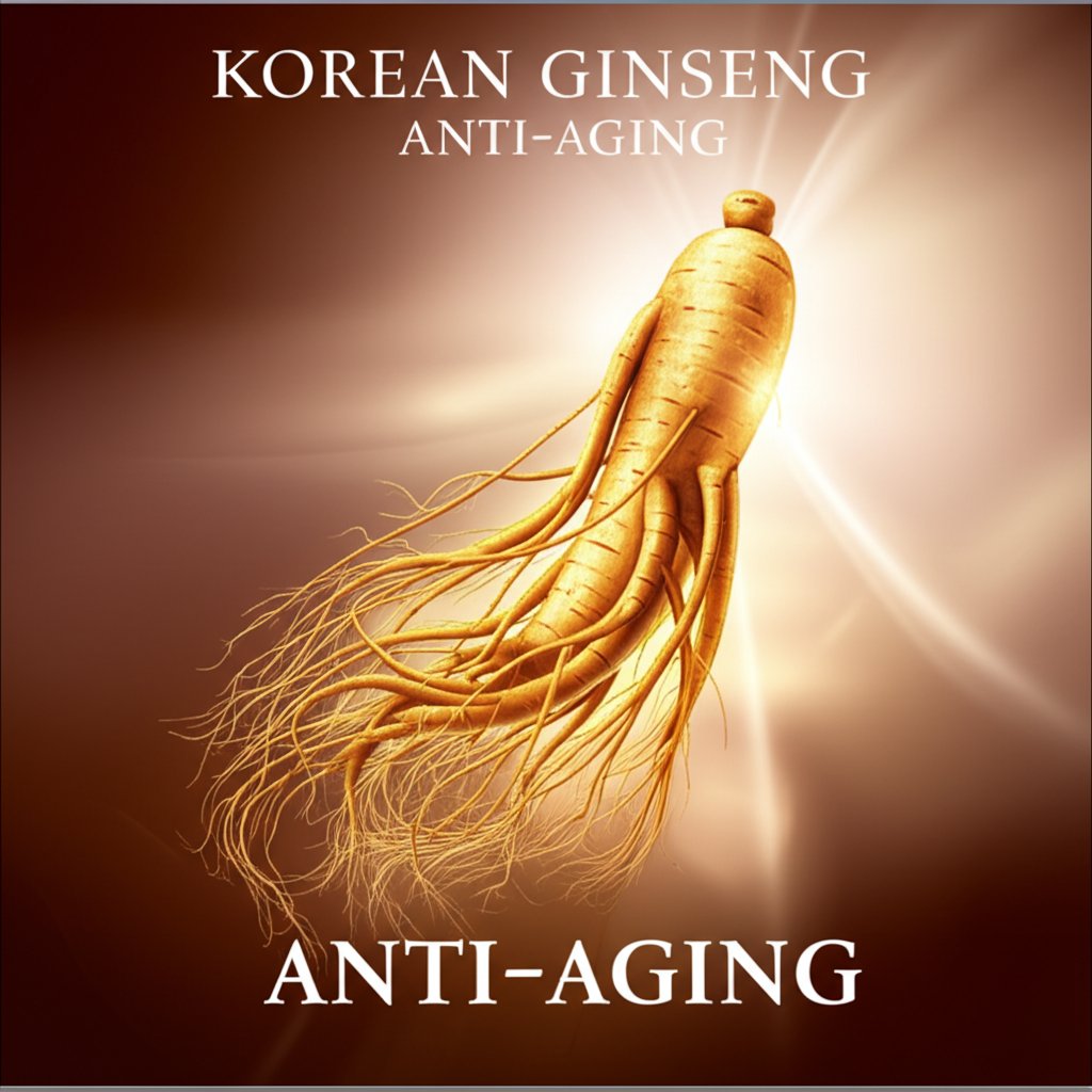 An ancient, potent Korean ginseng root intertwining with an abstract, radiant depiction of ageless skin. Warm, earthy tones with golden light emanating from the roots, conveying revitalization and anti-aging. Keywords in large, elegant font: "KOREAN GINSENG", "ANTI-AGING"
