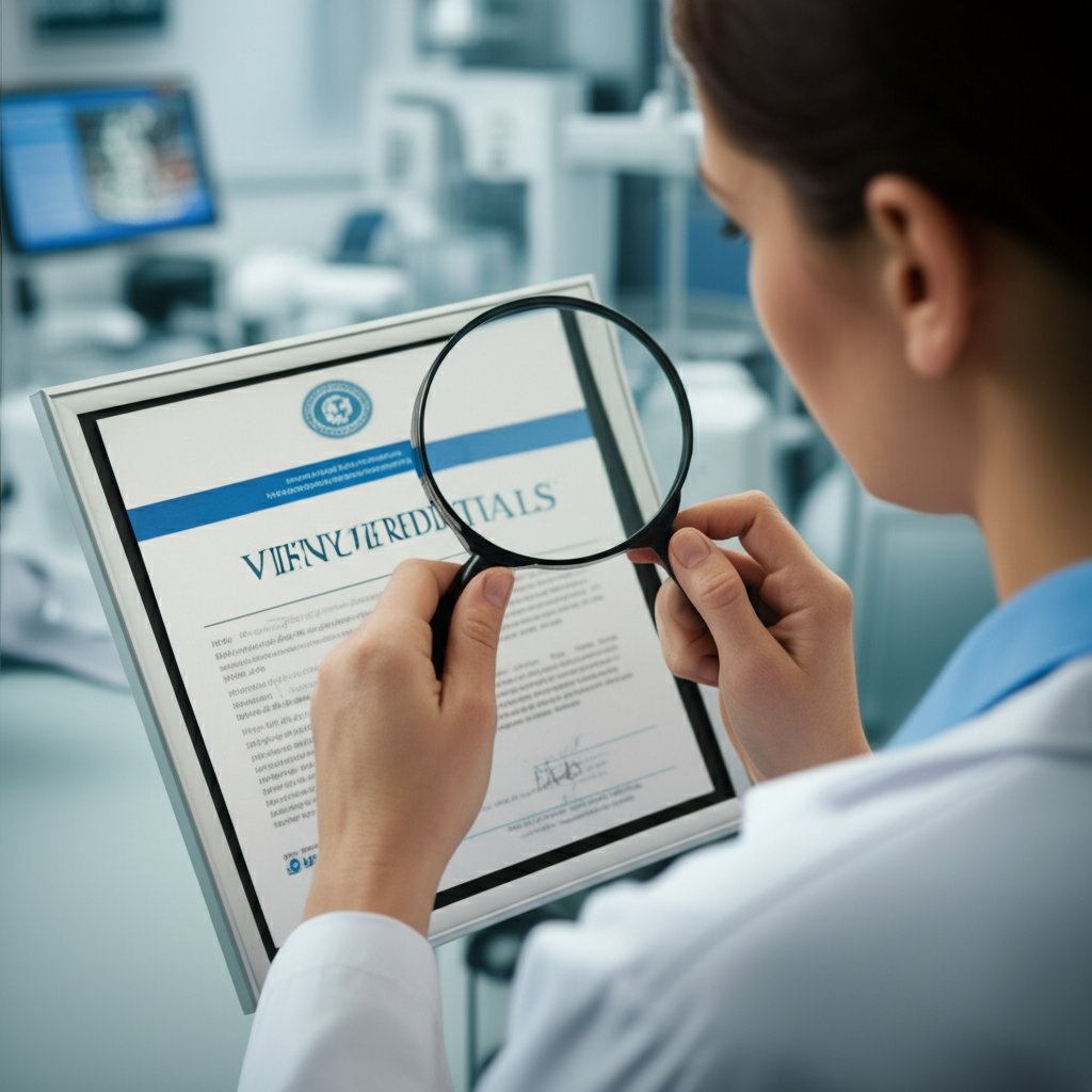 A patient examining medical credentials with a magnifying glass.