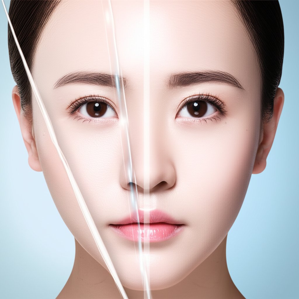 An illustrative image about: A striking conceptual image debunking myths about Korean plastic surgery. A woman's face is centrall