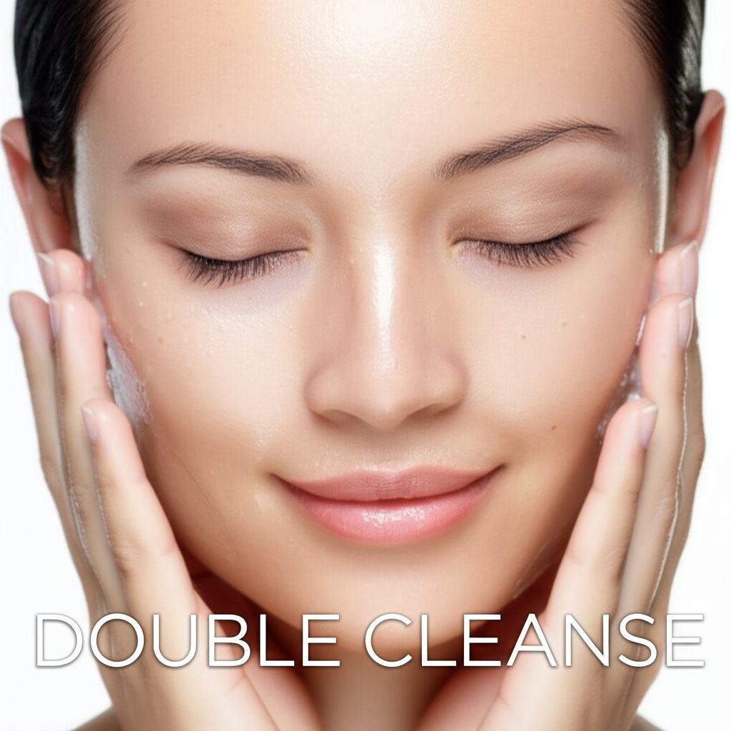 A close-up of a woman's face, her skin looking fresh, clean, and radiant after a double cleanse. Her eyes are closed in contentment. Gentle hands are subtly visible around her face, suggesting the cleansing process. The image has a soft, natural light, no futuristic elements. Text overlay: "DOUBLE CLEANSE"