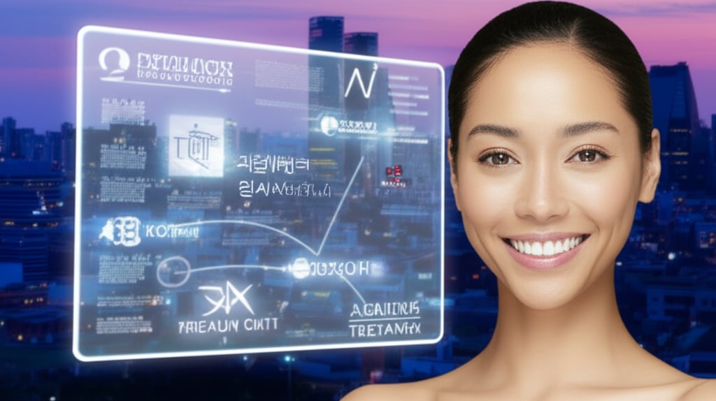 A radiant woman with glowing skin connected digitally to Korean beauty clinics, with a modern Seoul skyline backdrop.
