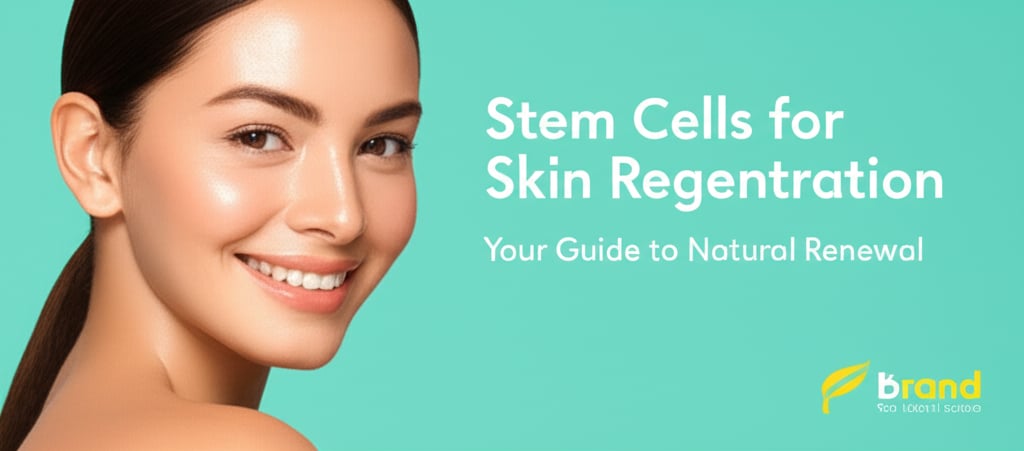 Warm studio portrait of a smiling woman with peachy skin and brown hair, next to 'Stem Cells for Skin Regeneration' on a teal background.