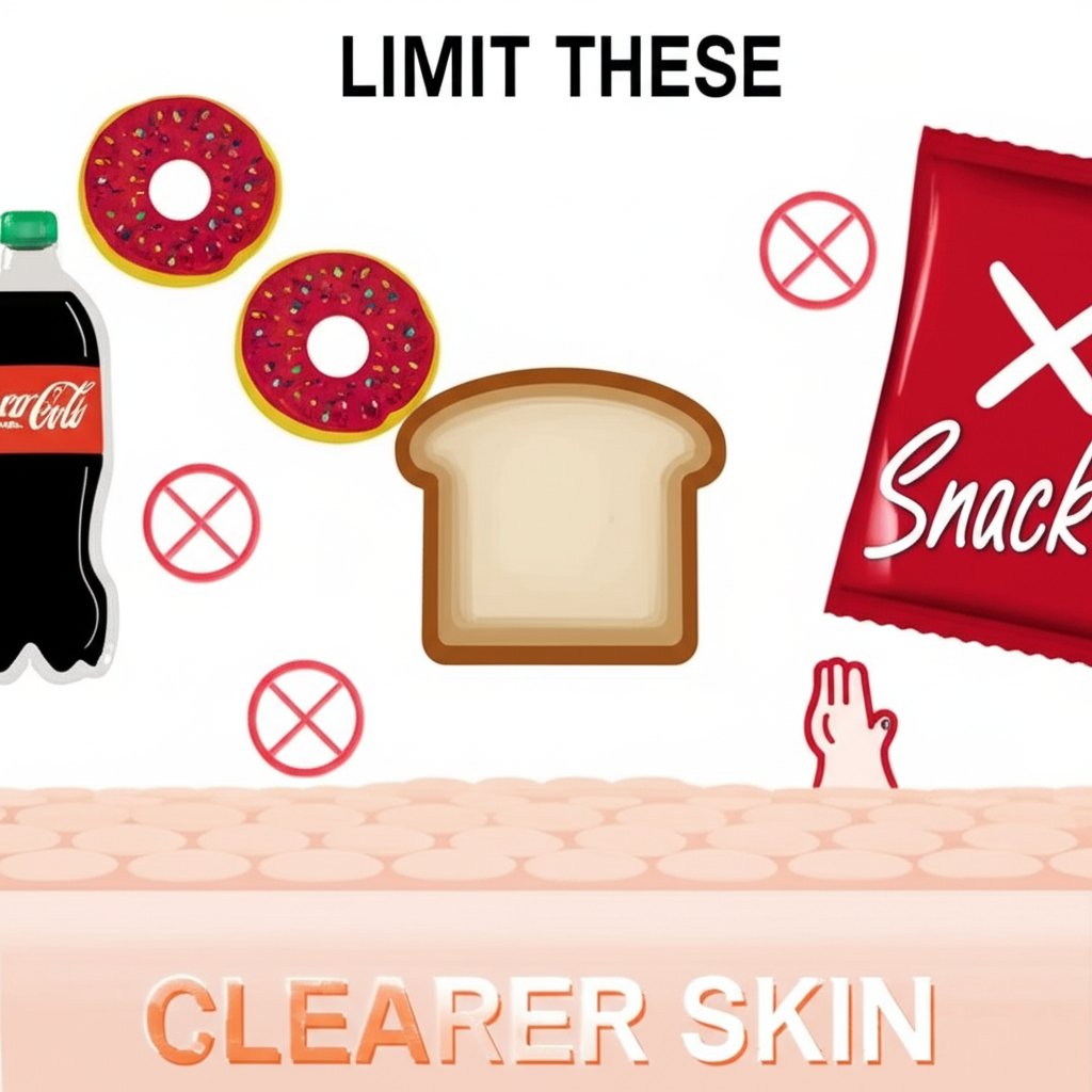 A clear and direct graphic illustration showing a collection of commonly limited foods: a donut, a slice of white bread, a sugary soda, and a processed snack bag. Each item is subtly marked with a 'limit' or 'moderate' symbol (e.g., a faint translucent X or a gentle push away gesture). In the foreground or background, a simplified, healthy skin texture is depicted. Text on image: 'LIMIT THESE', 'CLEARER SKIN'. Clean, uncluttered, infographic-style, no futuristic elements.
