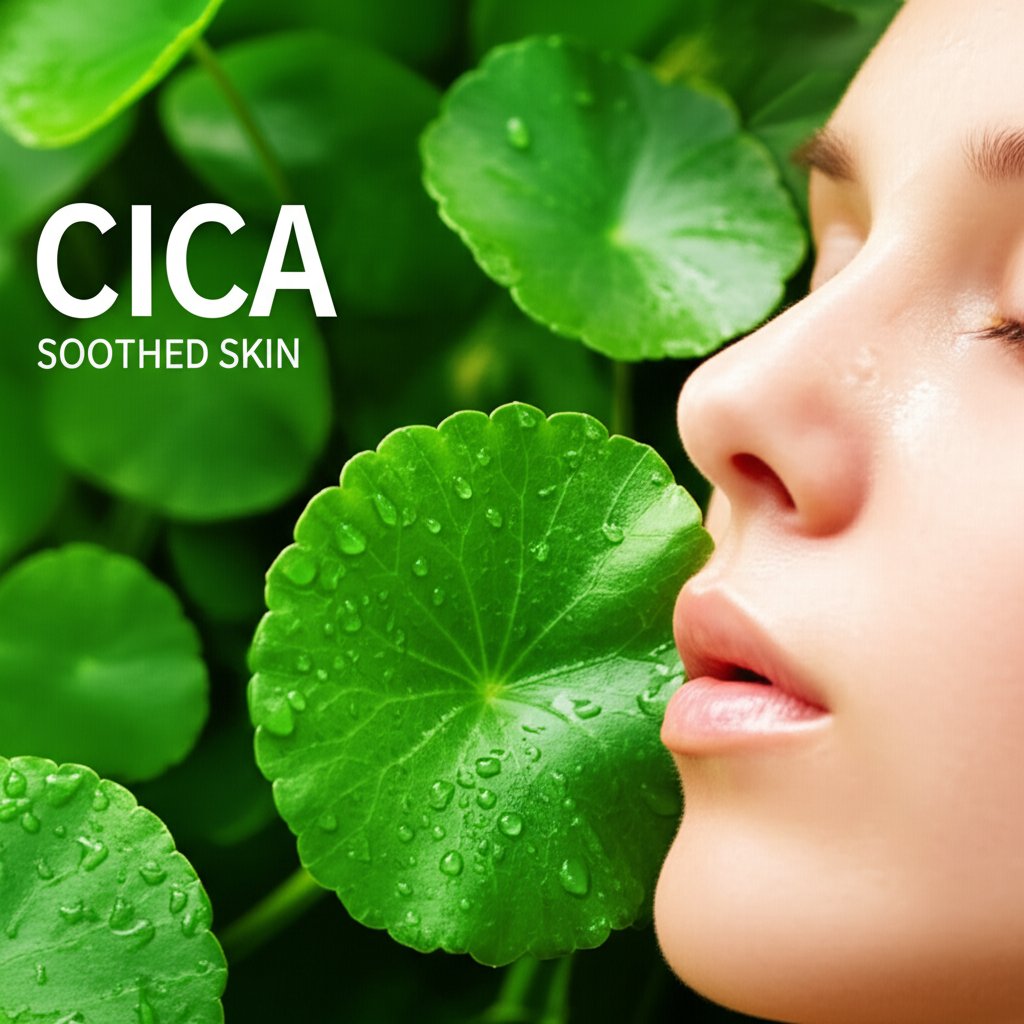 A tranquil, close-up image of vibrant green Centella Asiatica (Cica) leaves, with soft dew droplets, gently interacting with calm, clear, soothed skin. Diffused, soft natural light, emphasizing healing and strength. Keywords in large, elegant font: "CICA", "SOOTHED SKIN"