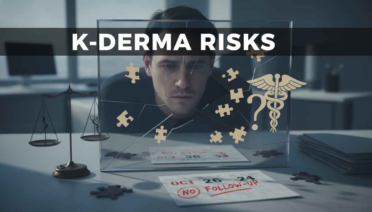 A conceptual image depicting challenges. A person with a concerned expression, looking at a cracked mirror or broken puzzle pieces. Surrounding elements symbolize legal risks (small, subtle scales of justice), a medical emergency symbol with a question mark, and a calendar with 'No Follow-up' written on it. The overall tone is cautionary and realistic, not futuristic. Text overlay: "K-DERMA RISKS".