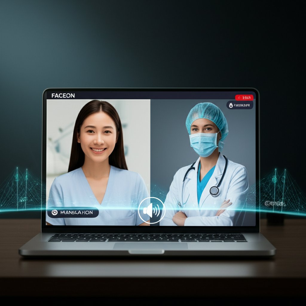 An illustrative image about: A diverse patient from a different country, smiling confidently while engaging in a live video consu