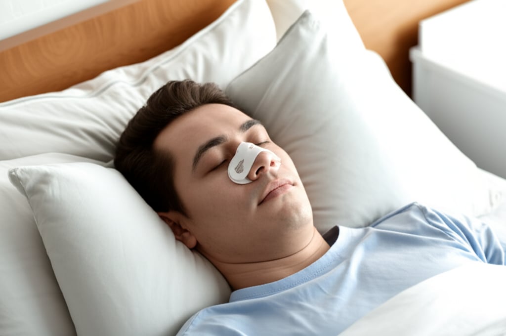 A calm person, seen from a slightly elevated angle, resting in bed with their head elevated on several pillows. They have a subtle nasal splint visible, and there's a cool compress near their nose. The background is soft and comfortable, indicating a healing environment. Focus on natural, realistic recovery.