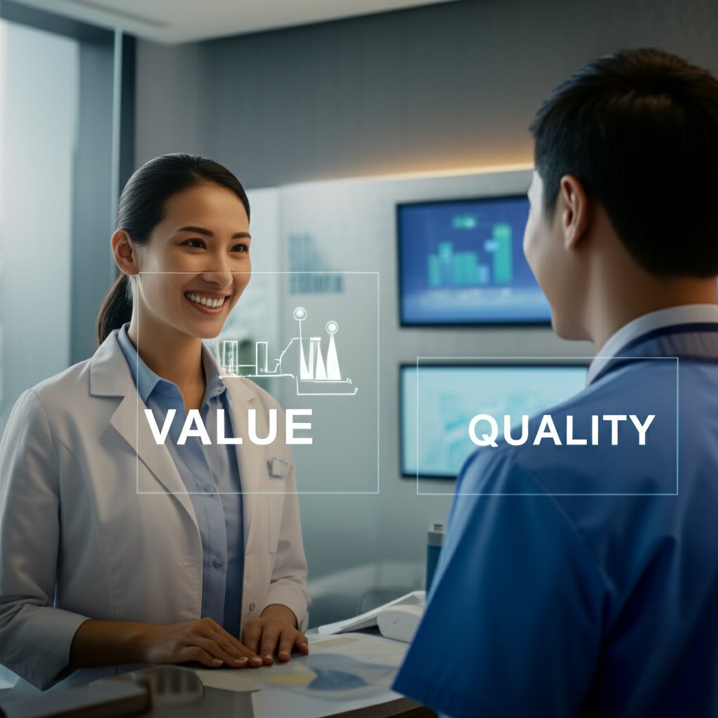 A sleek, contemporary Korean clinic reception area with subtle digital displays showing charts indicating high value and advanced technology. A diverse, confident patient smiles, reflecting excellent results. Overlay abstract graphic elements representing cost savings and superior quality. Text in image, large font: VALUE, QUALITY.