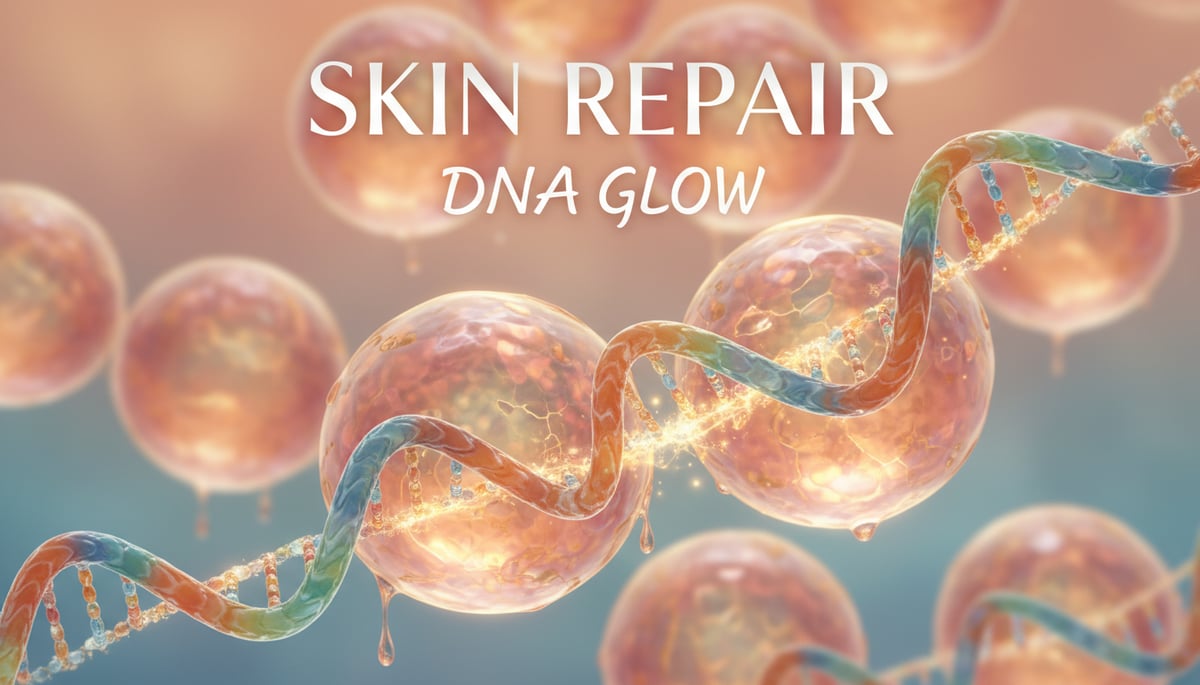 Glowing skin cells with DNA strands representing cellular repair