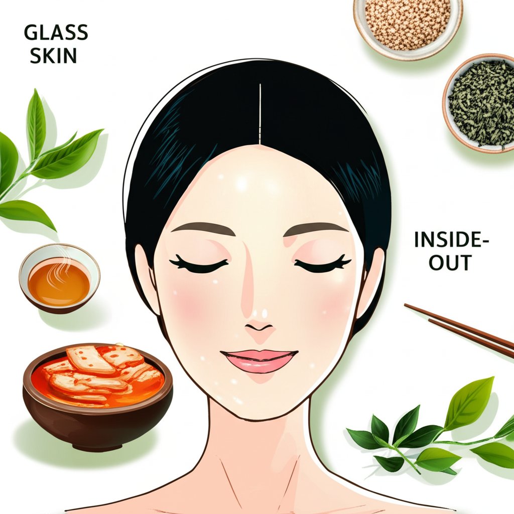 A serene and clean illustration depicting a woman with 'glass skin' (exceptionally clear, luminous, dewy complexion), subtly glowing from within. Around her, traditional Korean elements like a bowl of kimchi, a cup of steaming barley tea, and delicate green tea leaves are arranged. The background suggests a natural, wholesome environment. Text on image: 'GLASS SKIN', 'INSIDE-OUT'. Soft, inviting, natural aesthetic.